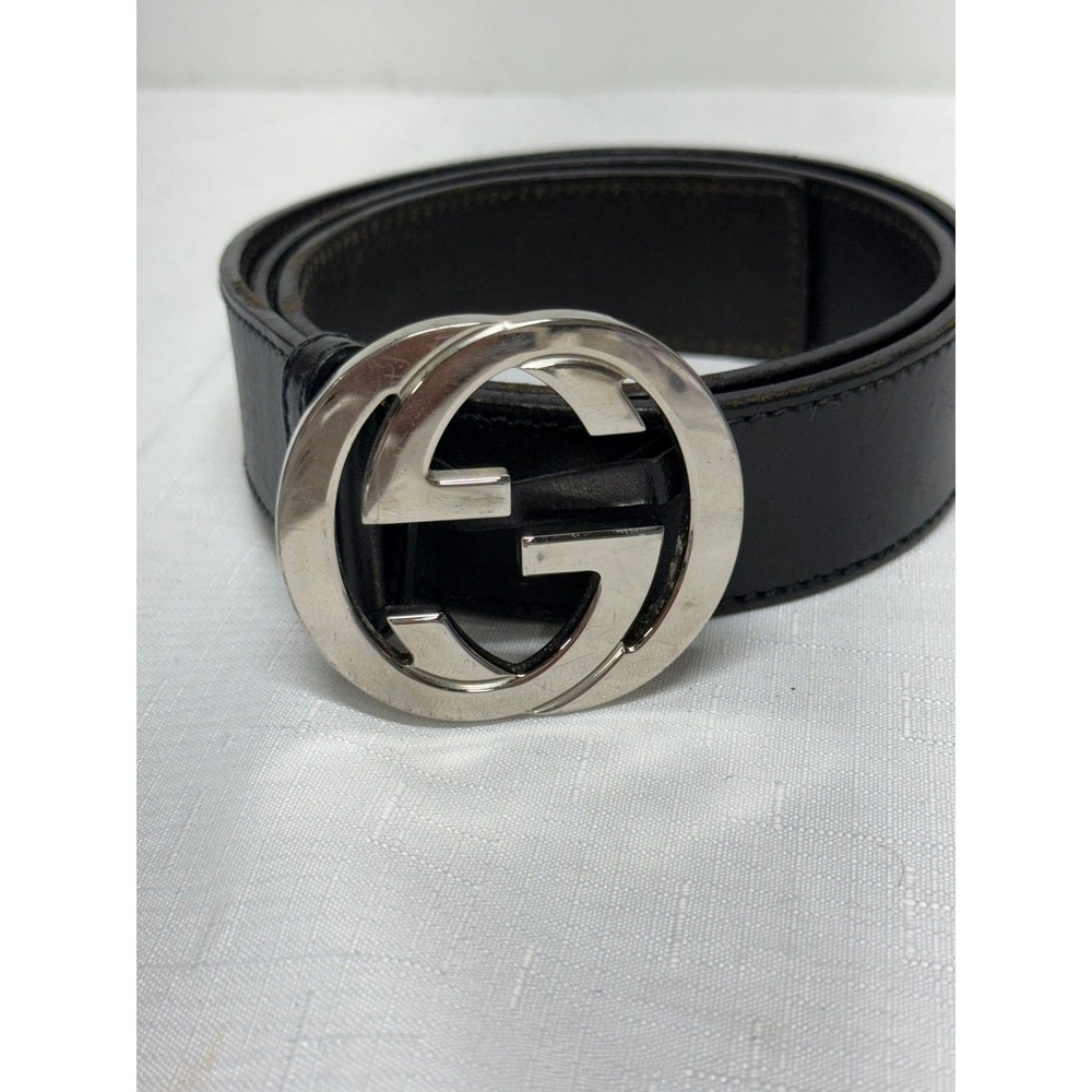 Gucci Interlocking G Silver Buckle Black Leather Belt 114984 90/36 Made in Italy